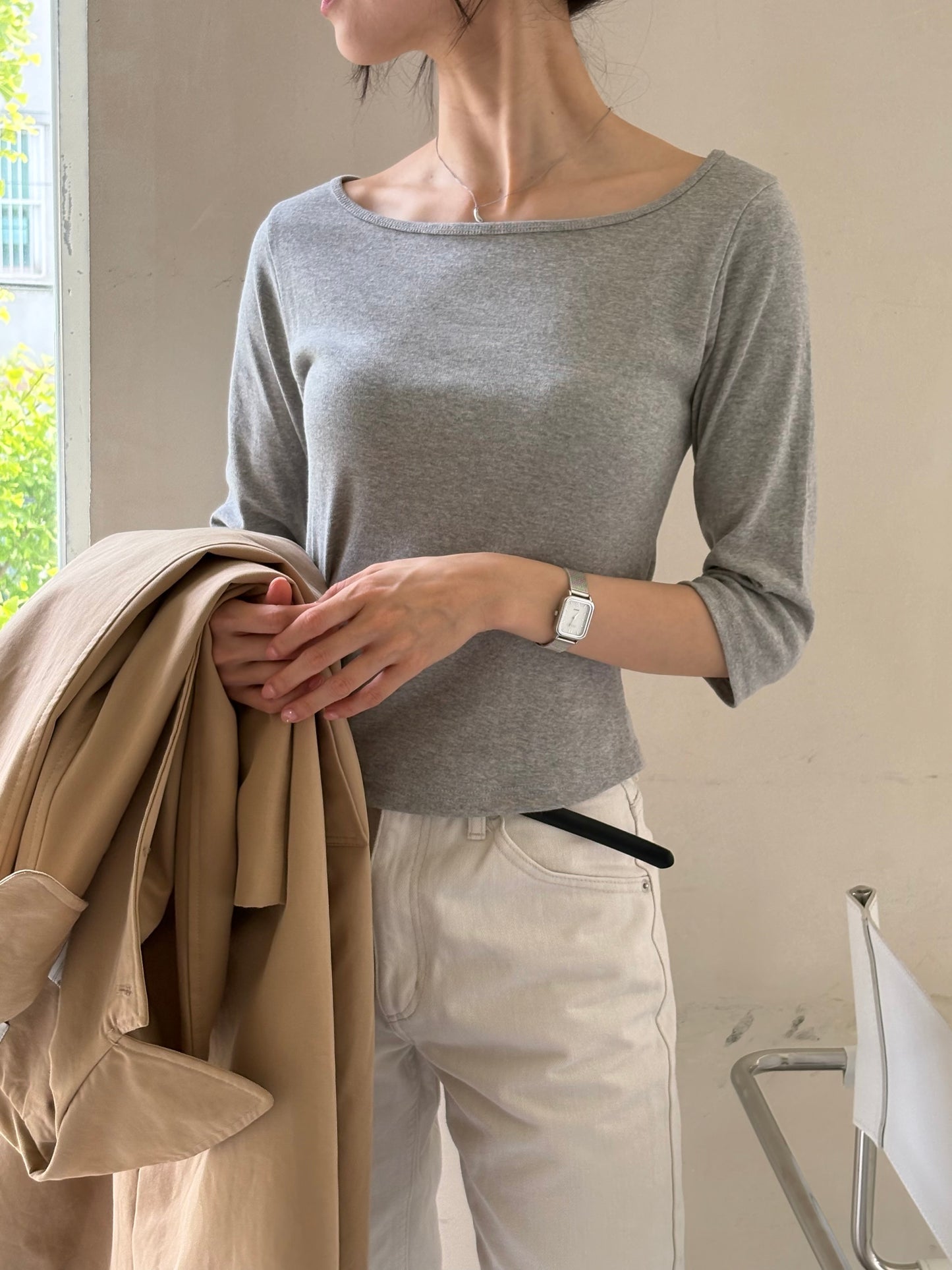 コットン ボートネックTシャツ